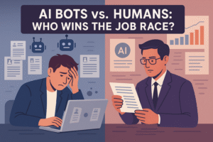 Illustration showing a stressed job seeker on a laptop surrounded by AI-generated résumés, and a recruiter analyzing documents with AI data and graphs, symbolizing the tension between humans and bots in the job application process.