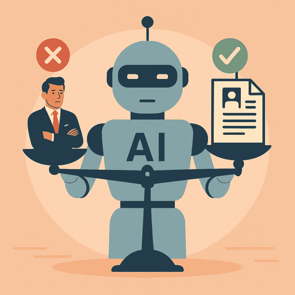 Conceptual image of an AI robot between a recruiter and job seeker, both looking frustrated, set against a tech-themed background, illustrating AI’s unintended hiring consequences.