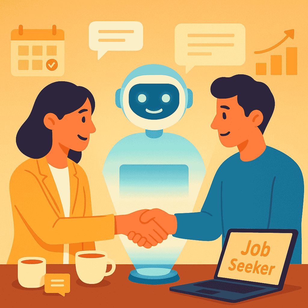 Positive digital artwork of a recruiter and job seeker working late with an AI assistant nearby, floating resumes and cityscape showing a hopeful view of AI-enhanced hiring.