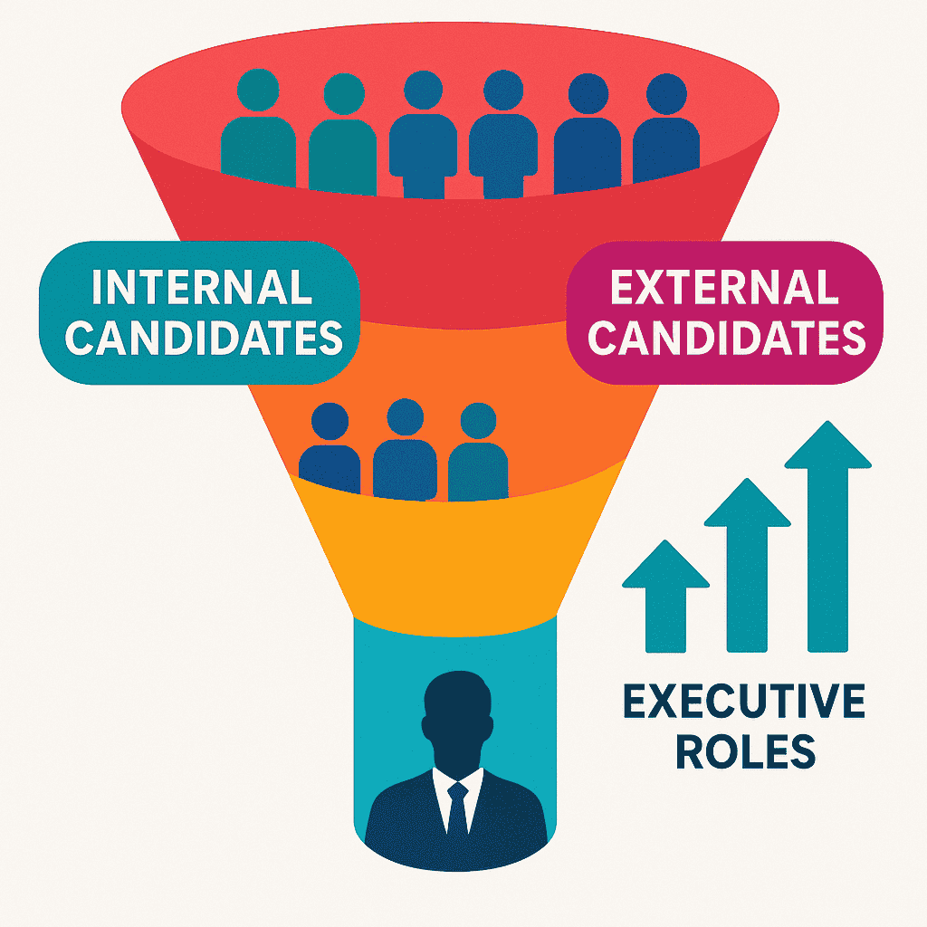 Illustration of a leadership pipeline funnel showing internal and external candidates progressing to executive roles