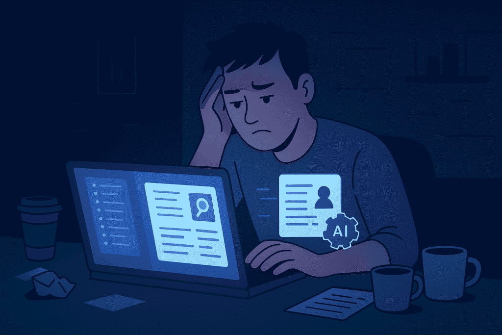 Illustration showing a job seeker and a recruiter each using AI tools for job applications and resume screening, highlighting the dual-sided automation in hiring.
