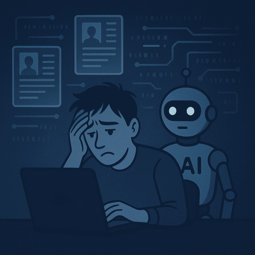 Flat design image of a stressed job seeker at a laptop late at night, with an AI robot nearby and digital resumes floating in the background, depicting job search stress.