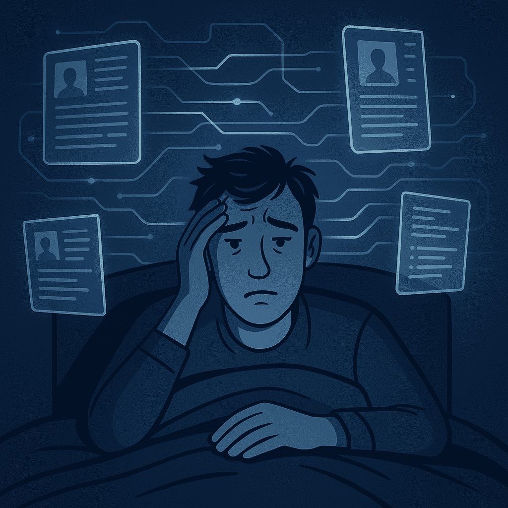 Digital illustration of a stressed recruiter lying awake at night in bed, surrounded by floating resumes and AI processing lines, representing recruitment anxiety.